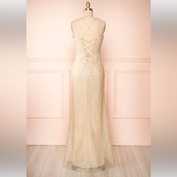 Cinderella Divine Champagne Sparkly Corset Dress with High Leg Slit - Picture 2 of 7